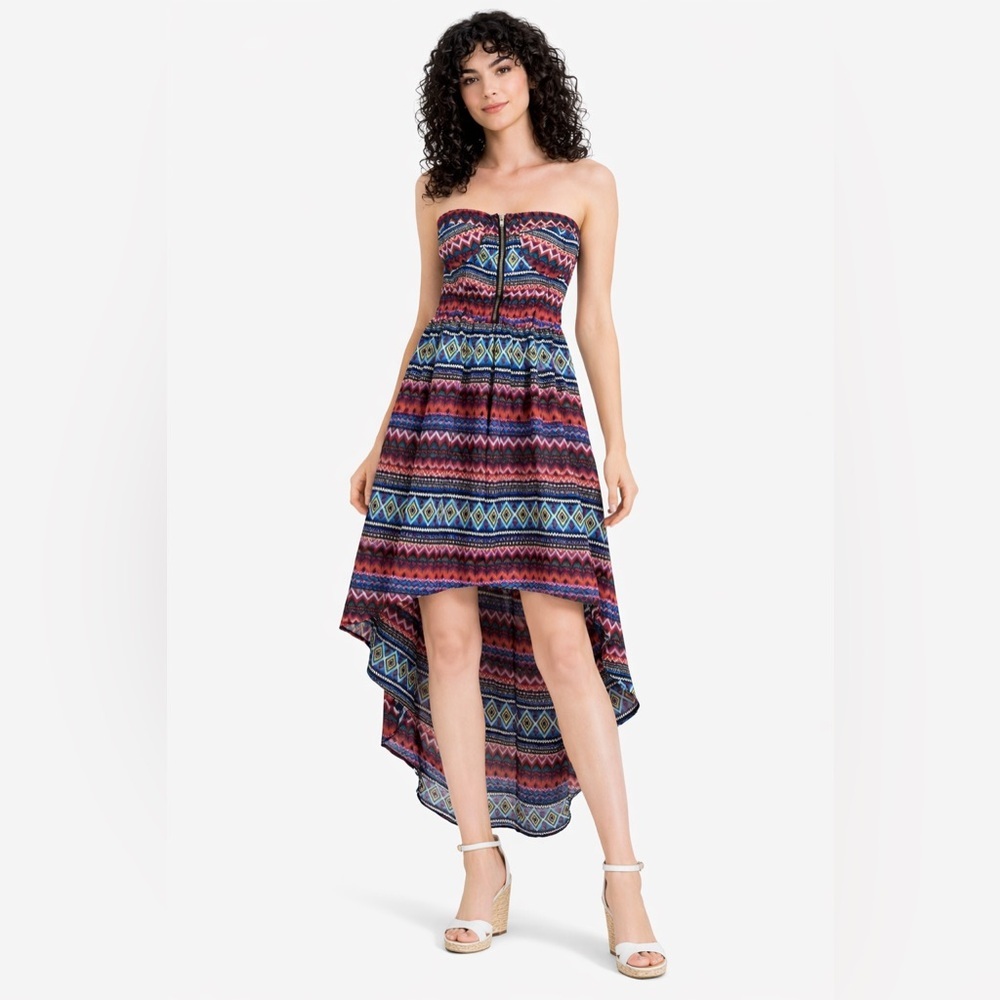 Papartee Strapless High Low Dress Size S Aztec Tribal Print Back Zip Summer Boho
